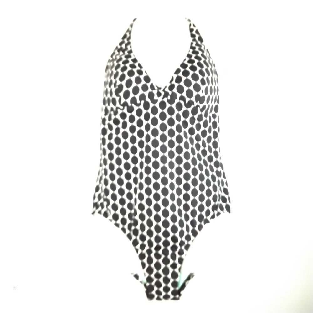 Echo Design Monokini Bl & Wt Dot Halter Tie Neck Swimsuit UPF 50 NWT Size 10